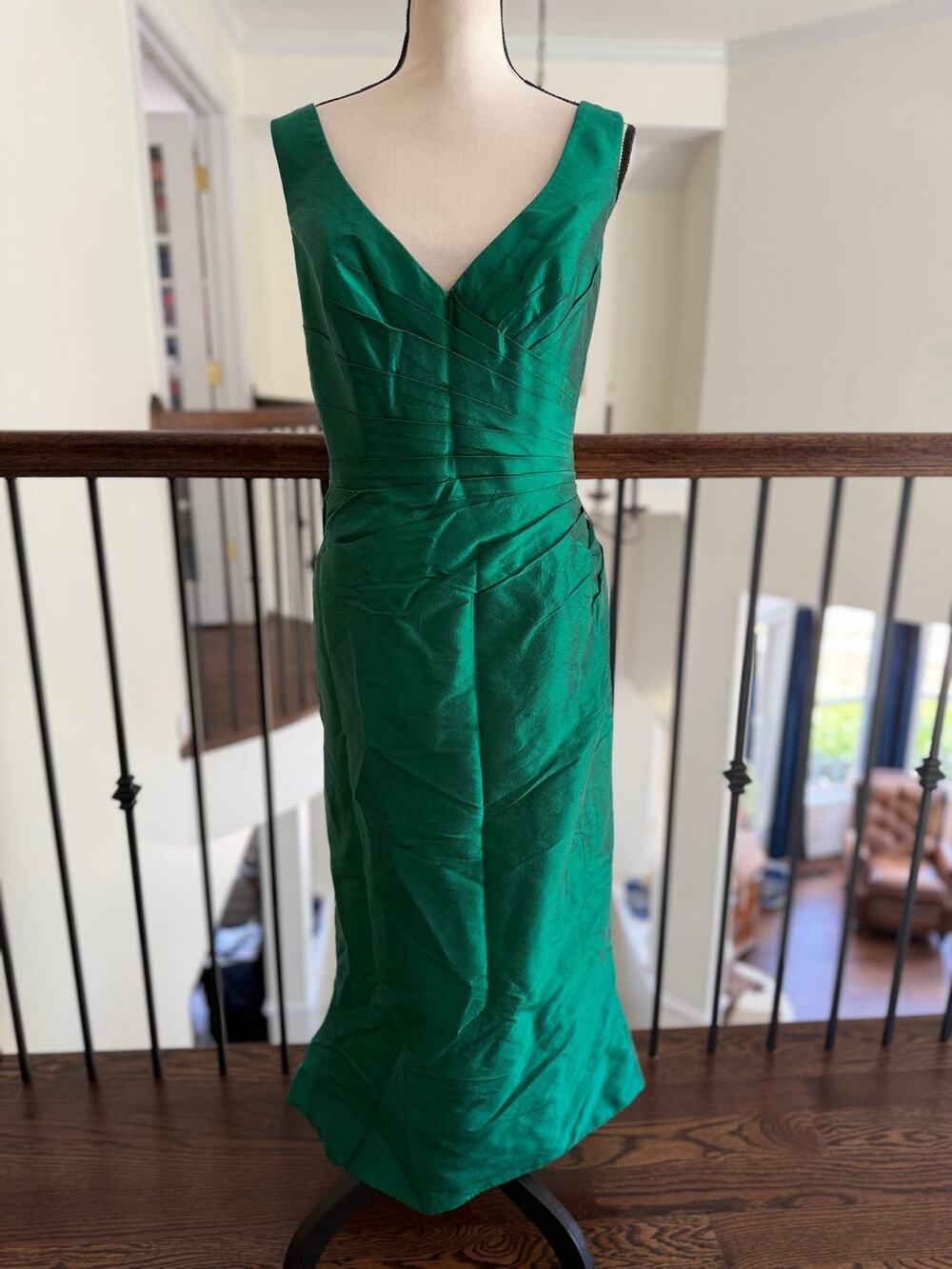 Sarah Danielle Emerald Green Silk V-Neck Sleeveless Gathered Maxi Gown Formal
